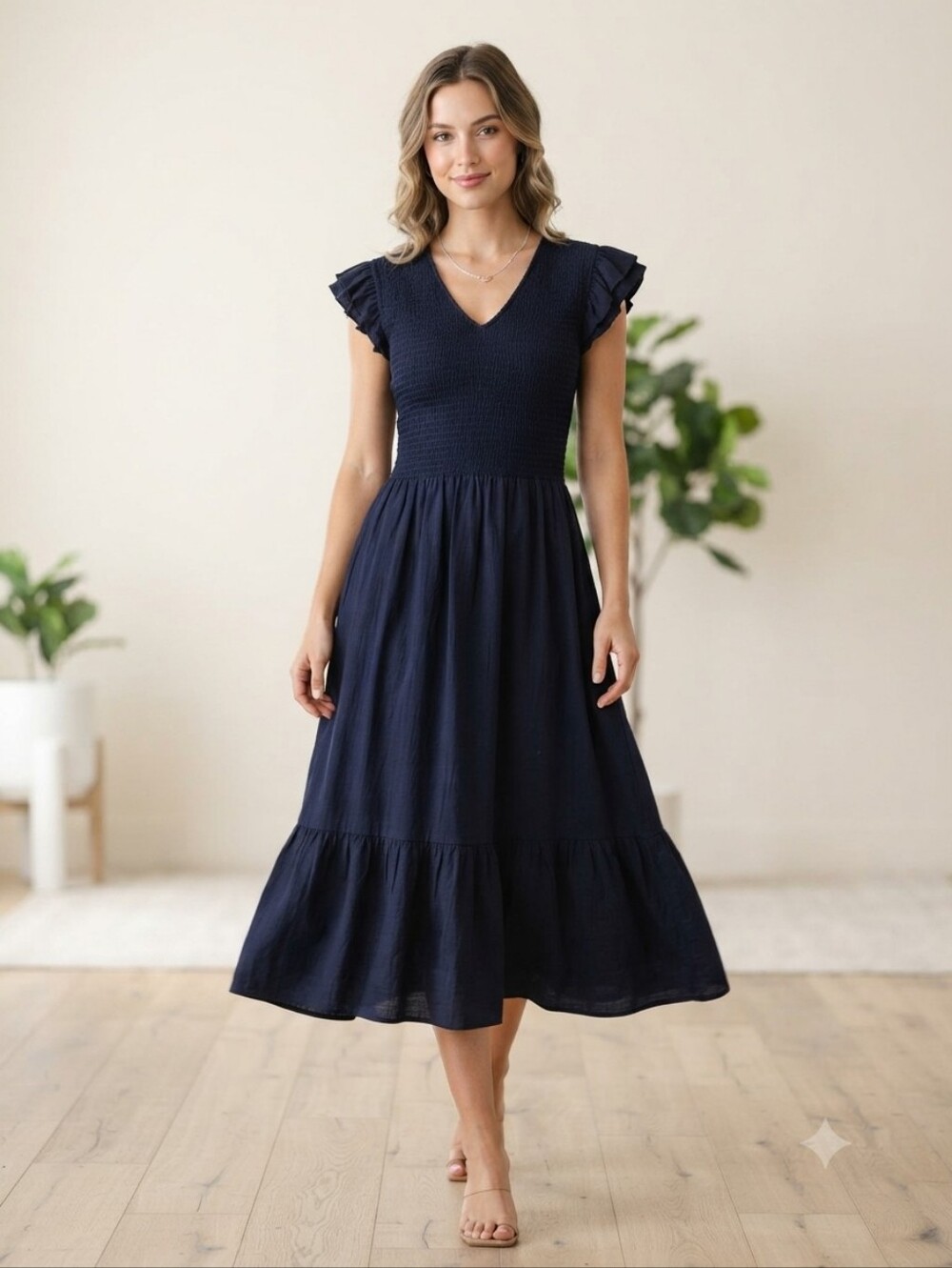 Nanette Lepore Navy V-Neck Smocked Midi Dress